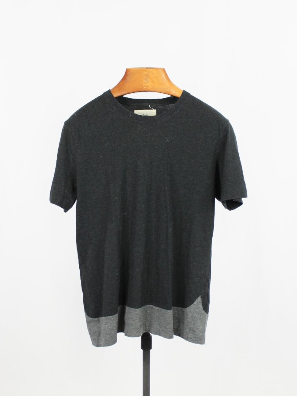 FOLK Black Grey Contrast Trim 100% Cotton 1x1 Crew Neck T-Shirt, Size 3/M